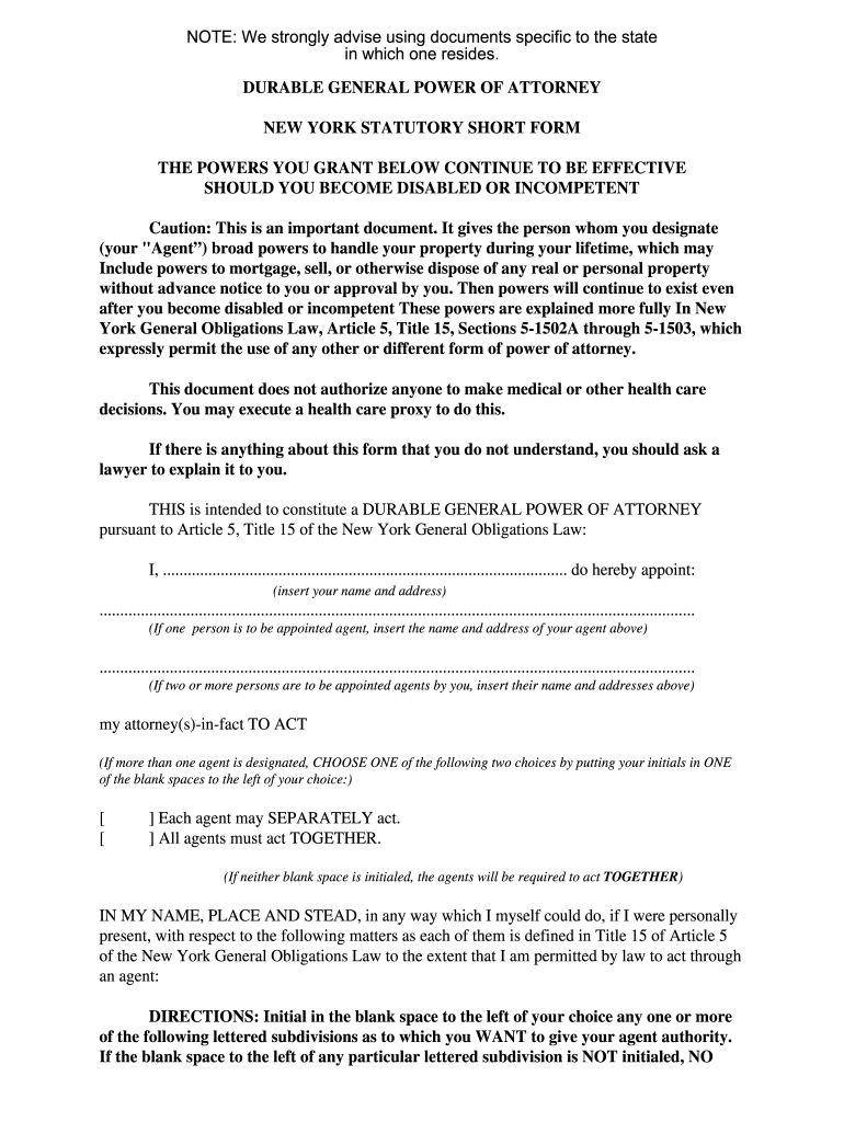 Ny Durable Power Attorney Pdf Fill Online Printable Fillable Blank PdfFiller