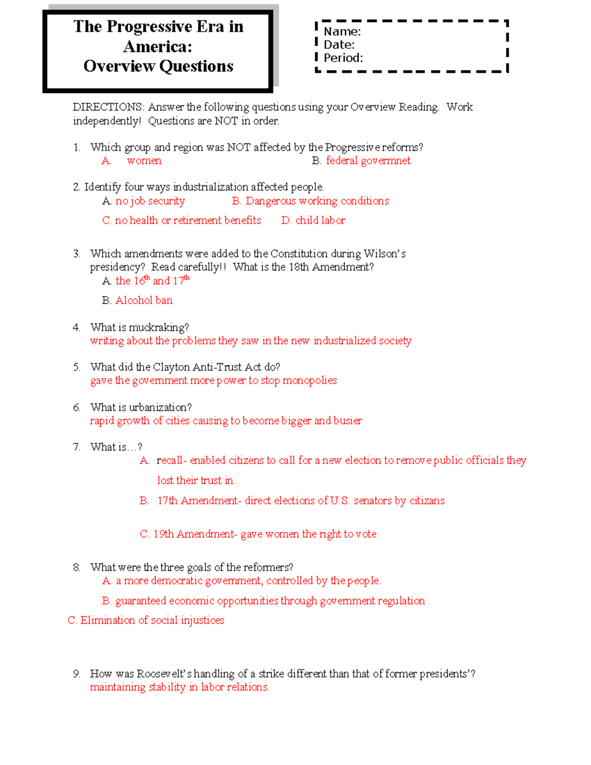 Overview Progressive Era Questions ONLY Progressive Era Overview Questions Regular 1 DIRECTIONS Studocu