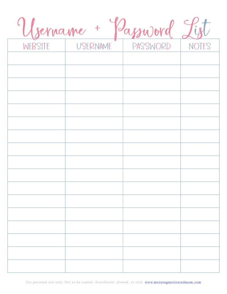 Password Keeper Printable Morning Motivated Mom