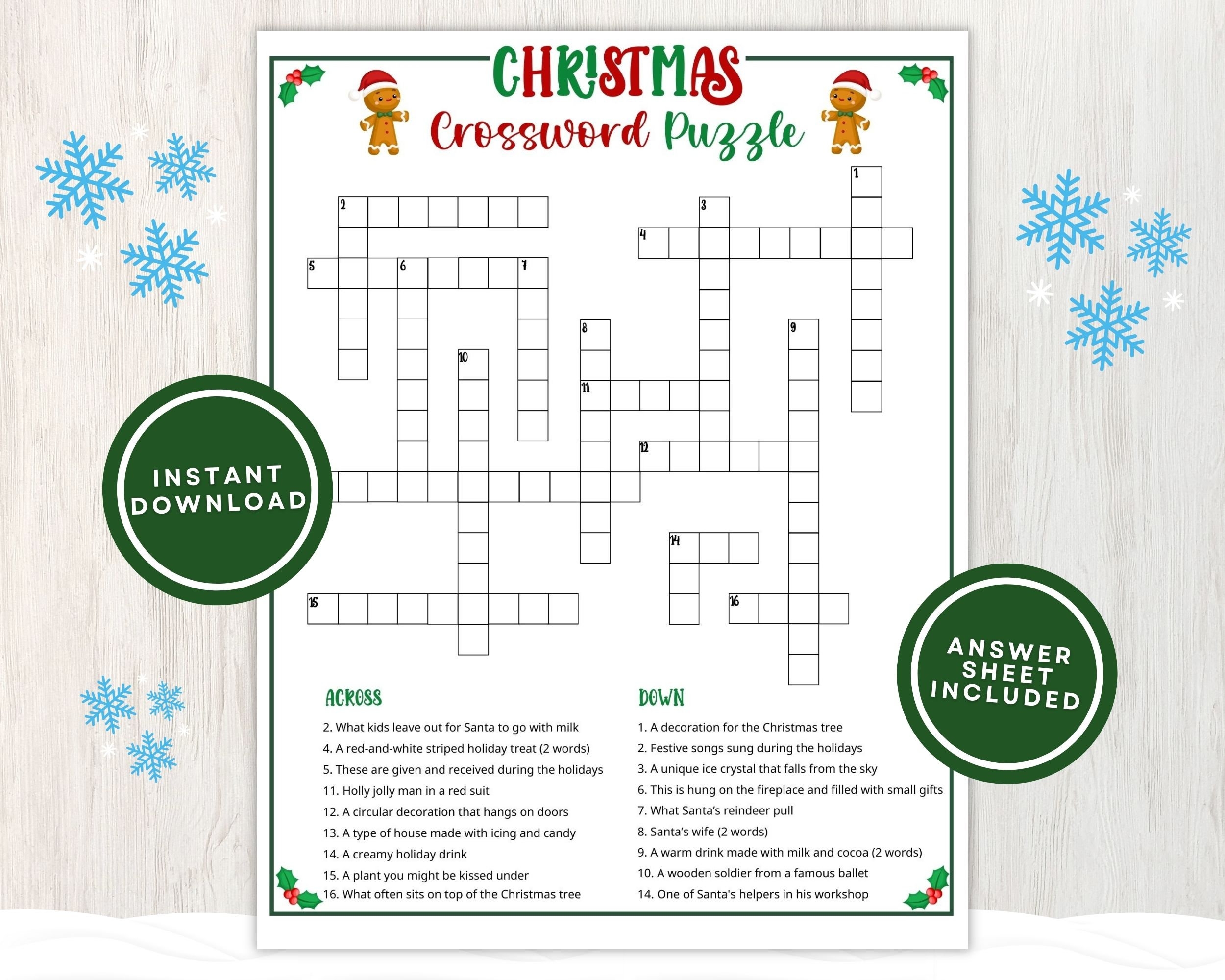Printable Christmas Crossword Puzzle For Kids And Adults Fun Christmas Word Game For Holiday Parties And Classrooms Instant Download Etsy