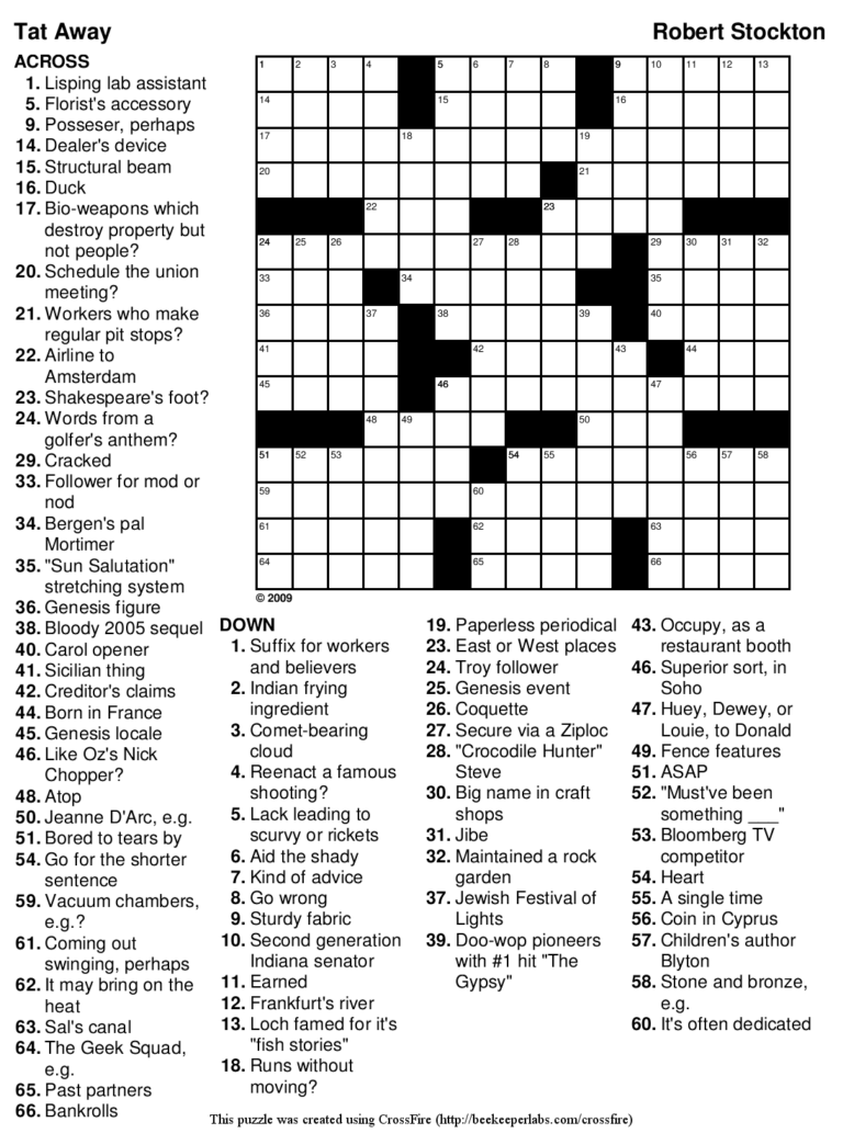 Printable Crossword Puzzle 127 Tat Away Beekeeper Crosswords
