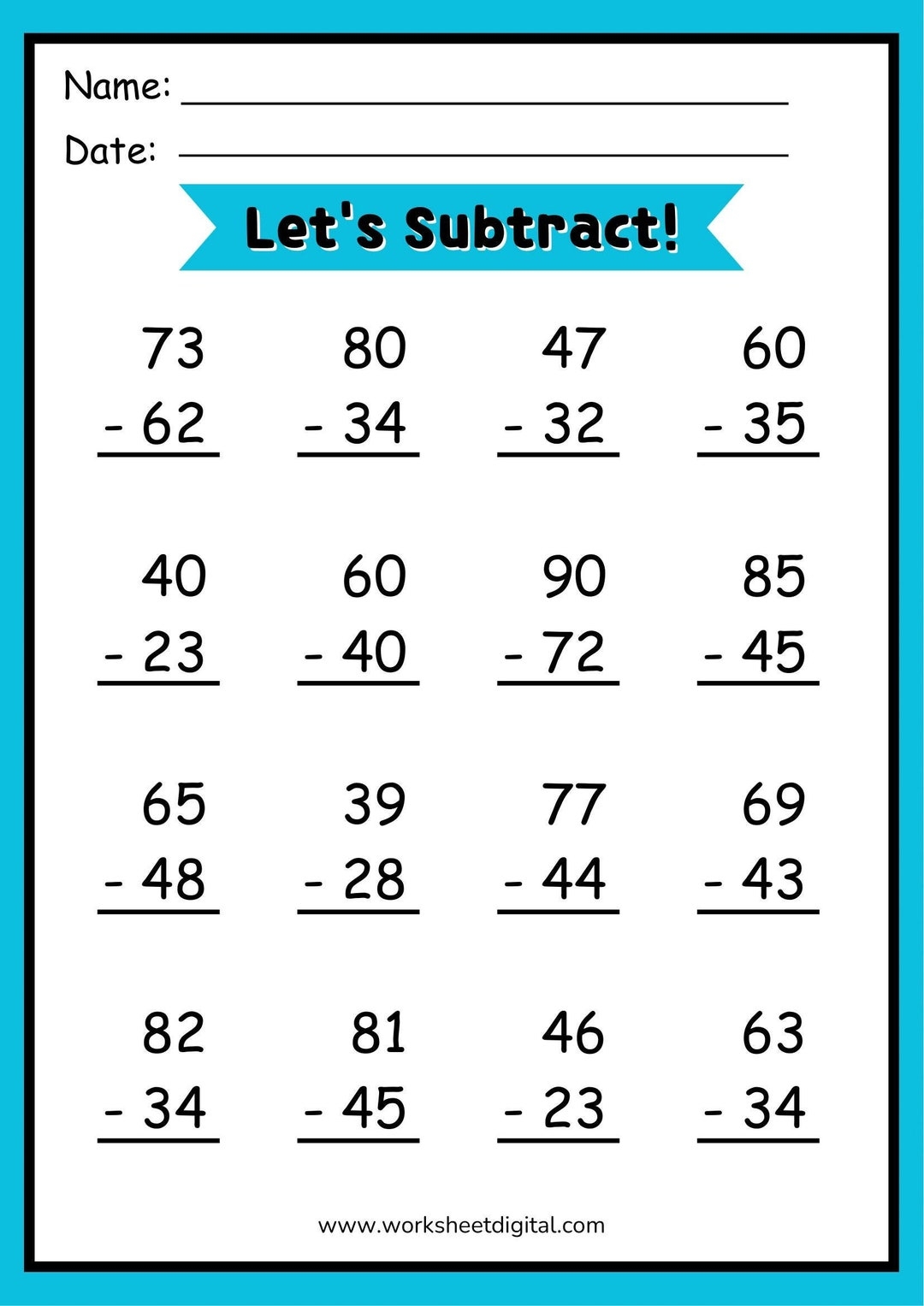 Printable Double Digit Subtraction Regrouping Sums Grade 1 2 Homeschool Revision Practice Warm Up Exercise Short Assessment Etsy