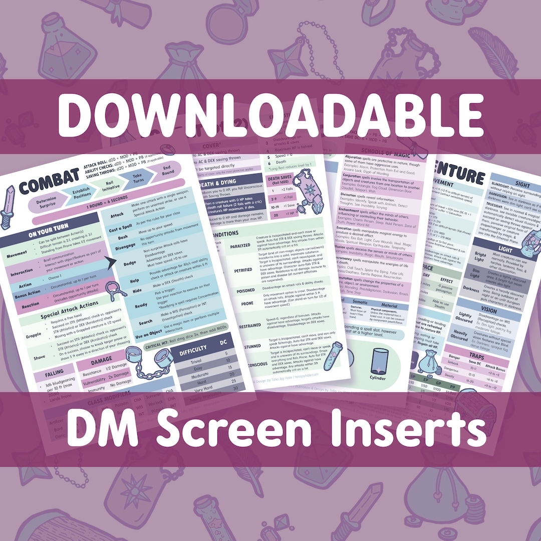 Printable Dungeons And Dragons DM Screen Inserts For 5e digital Download Etsy