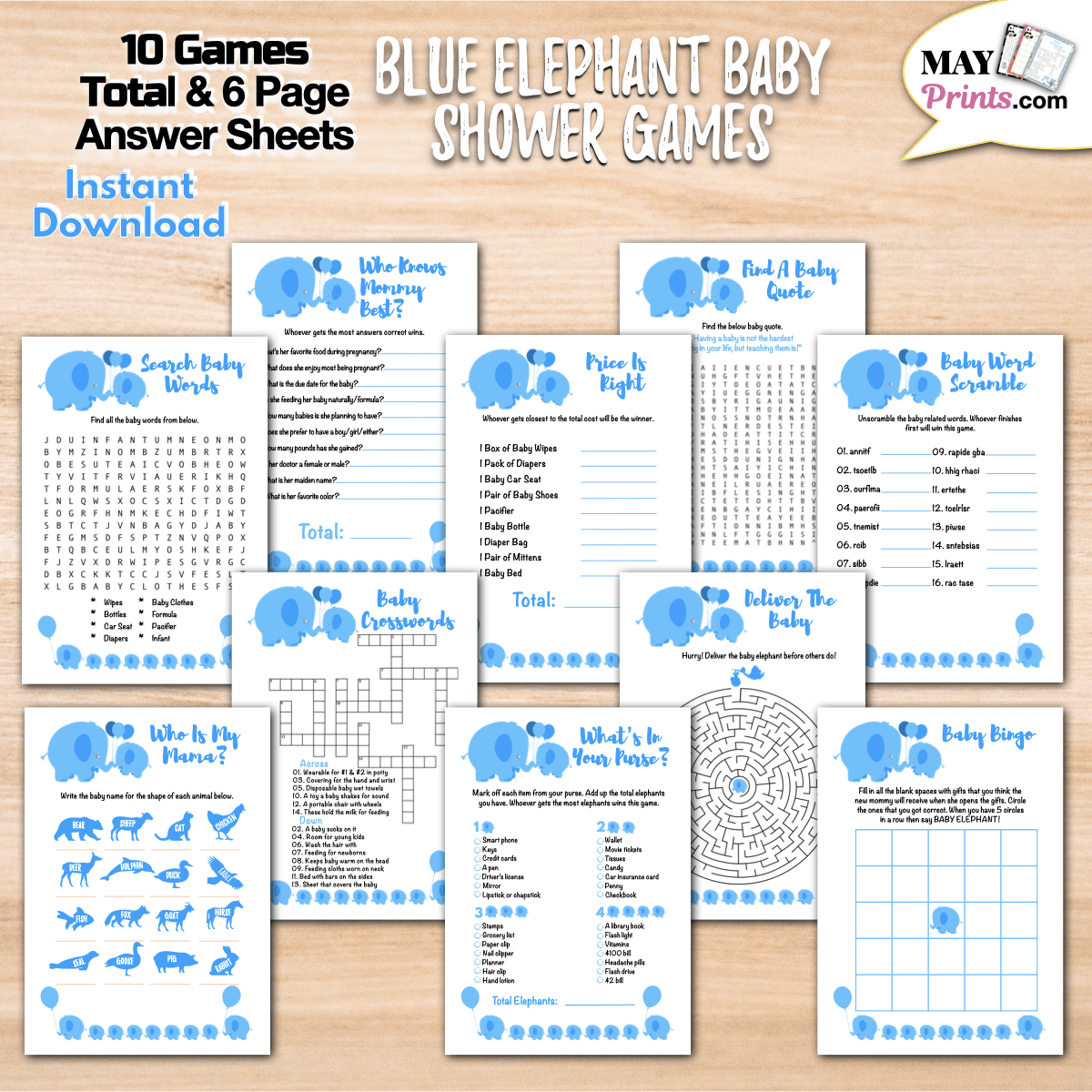 Printable Elephant Themed Baby Shower Games 10 GAMES