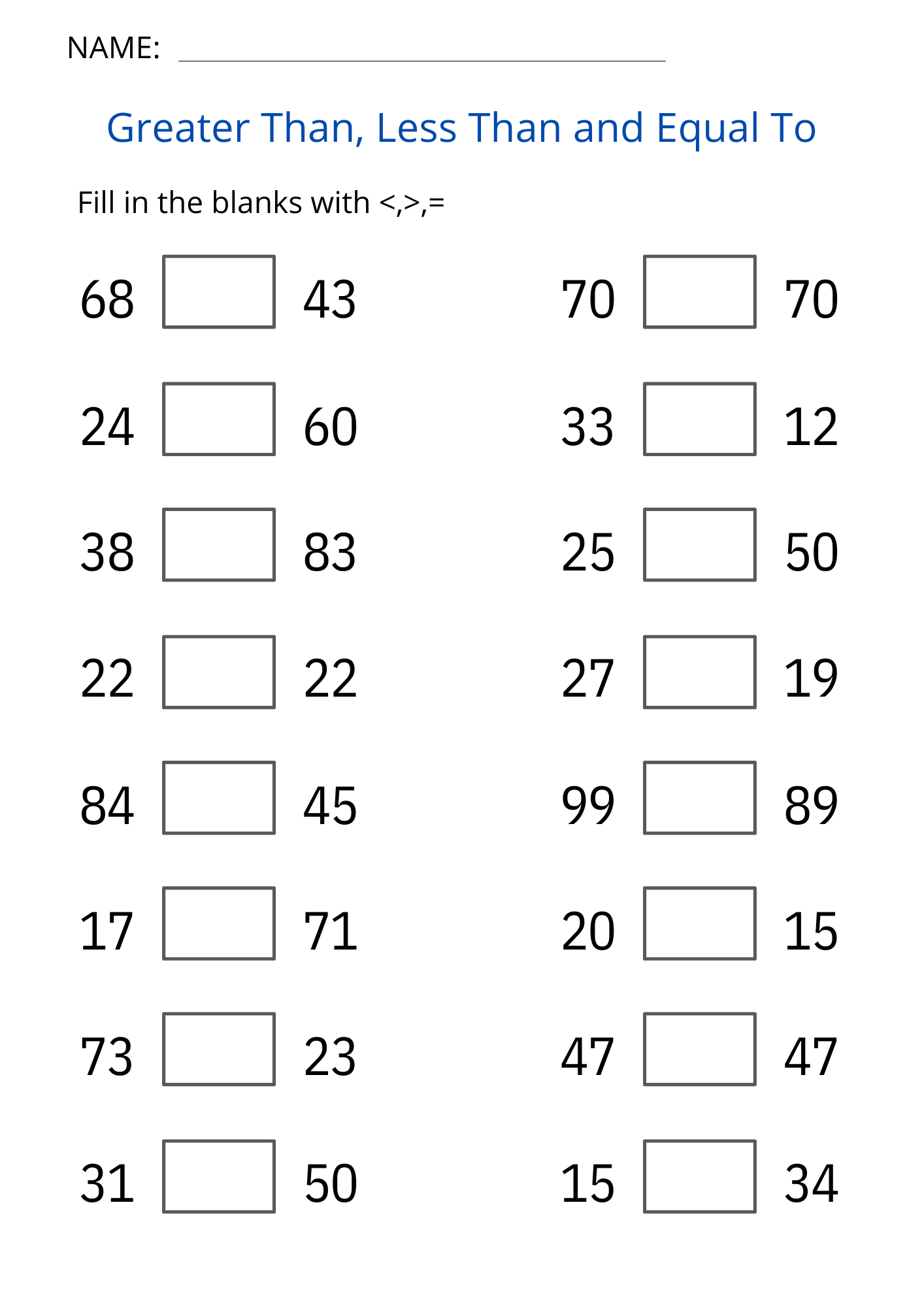 Printable Greater Than Less Than And Equal To Worksheet For Grade 1 2 3 Made By Teachers