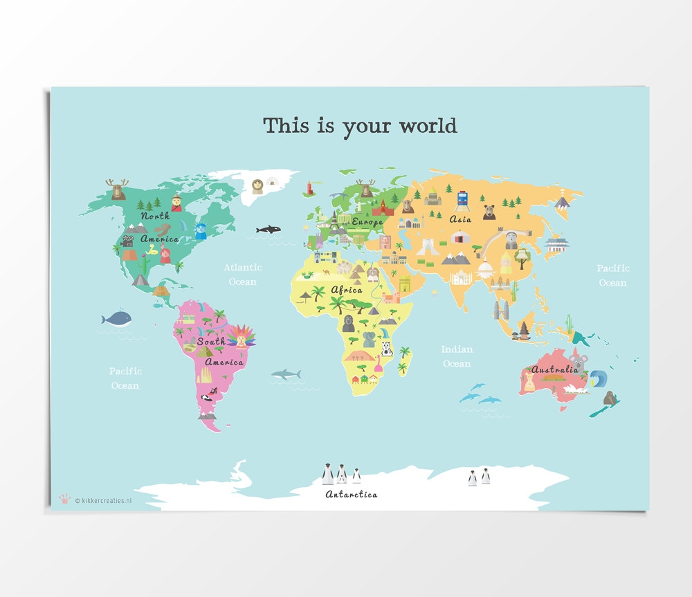 Printable Kids World Map Poster A3 11x14 In 24x36 In Nursery Poster Educational Print Etsy