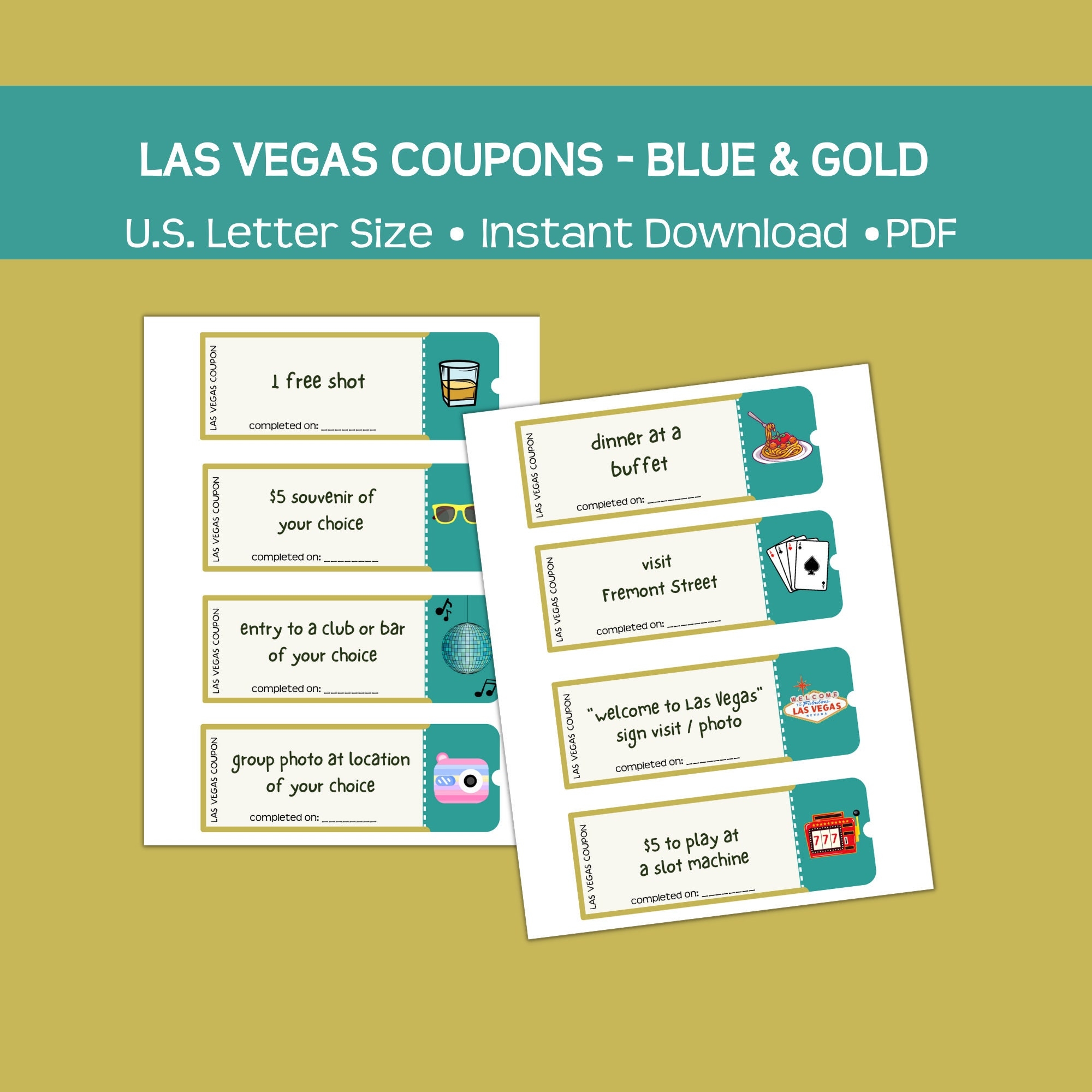 Printable Las Vegas Coupons Blue And Gold Fun Affordable Party Favor Instant Pdf Fun For Parties Birthdays Bachelorette Groups Etsy