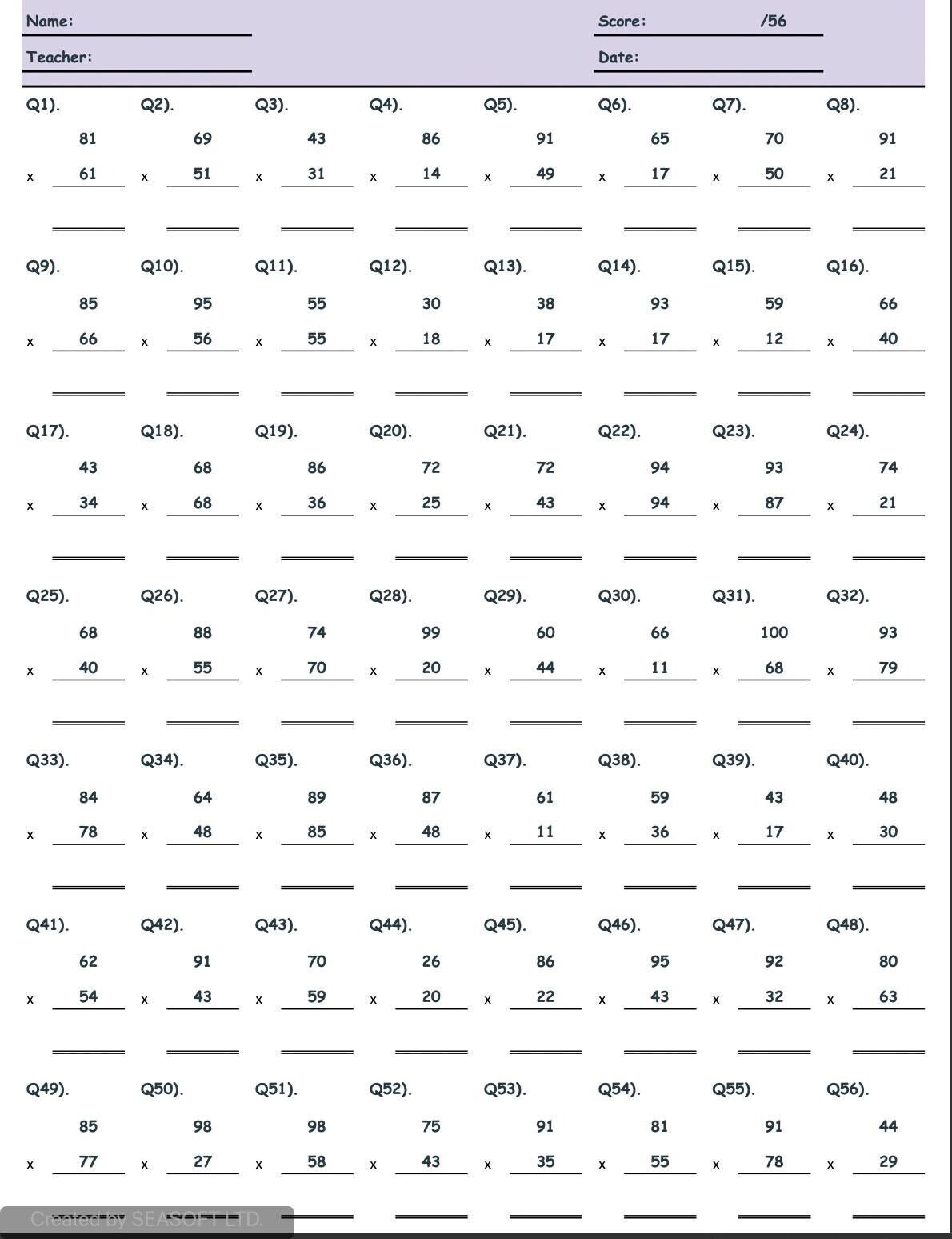 multiplication timed test printable 0-12