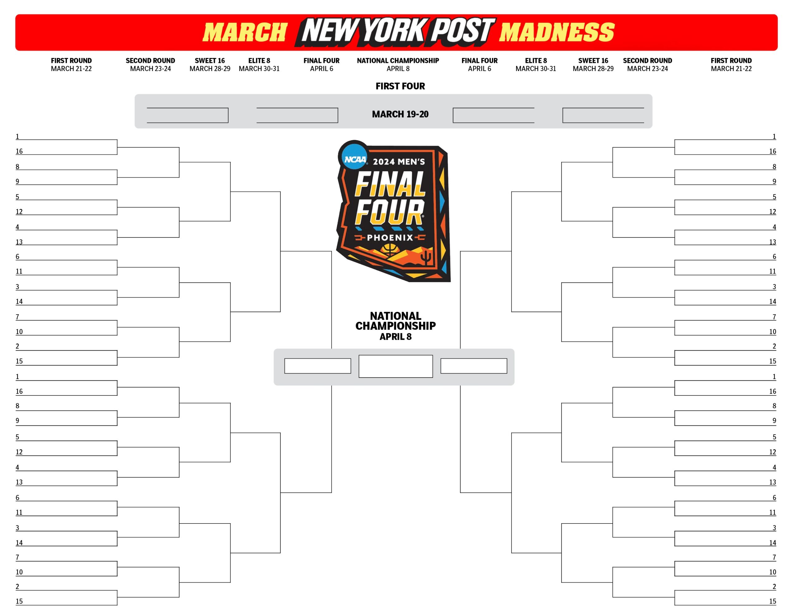 Printable NCAA Bracket Full 2024 March Madness Field