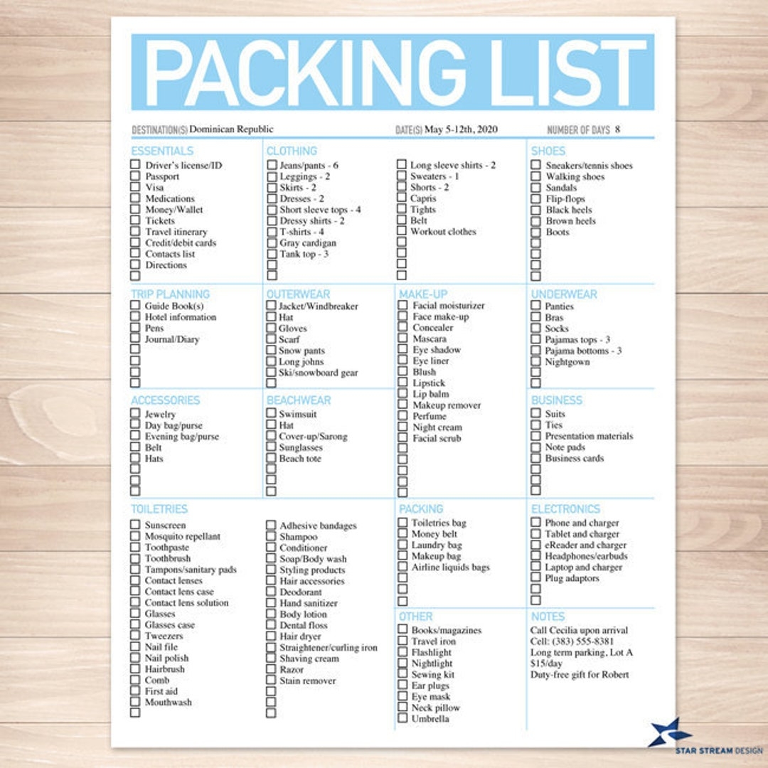 customizable packing list printable