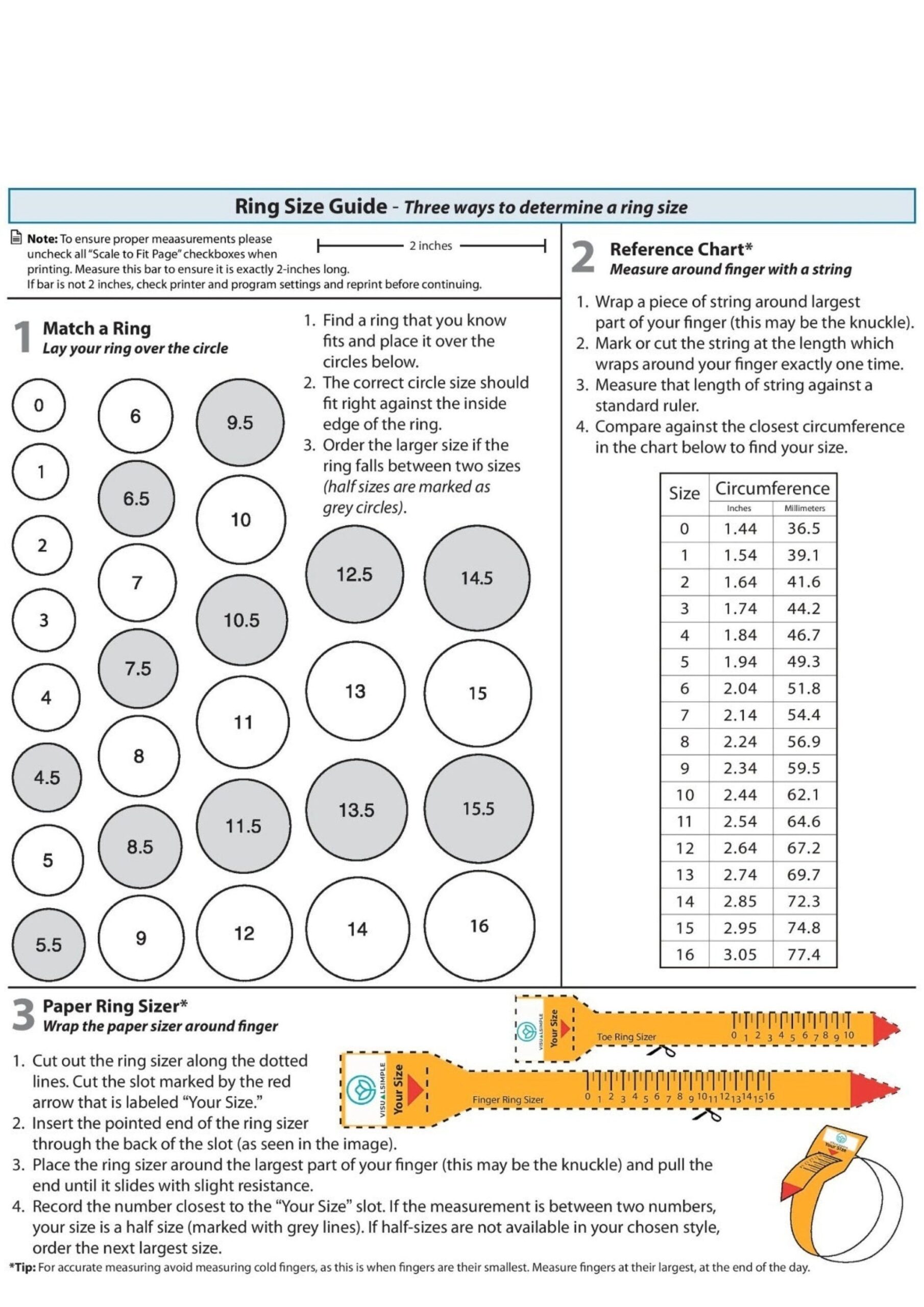 ring size chart printable