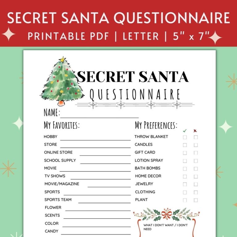 Printable Secret Santa Questionnaire For Christmas Gift Exchange Questions 5x7 Work Secret Santa Info Cards Secret Santa Christmas Wish List Etsy
