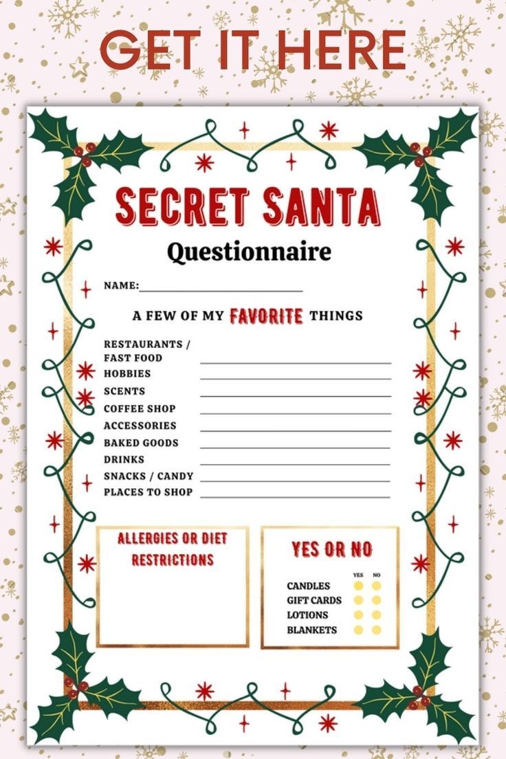 Printable Secret Santa Questionnaire For Coworkers For Gift Exchange Christmas On A Budget