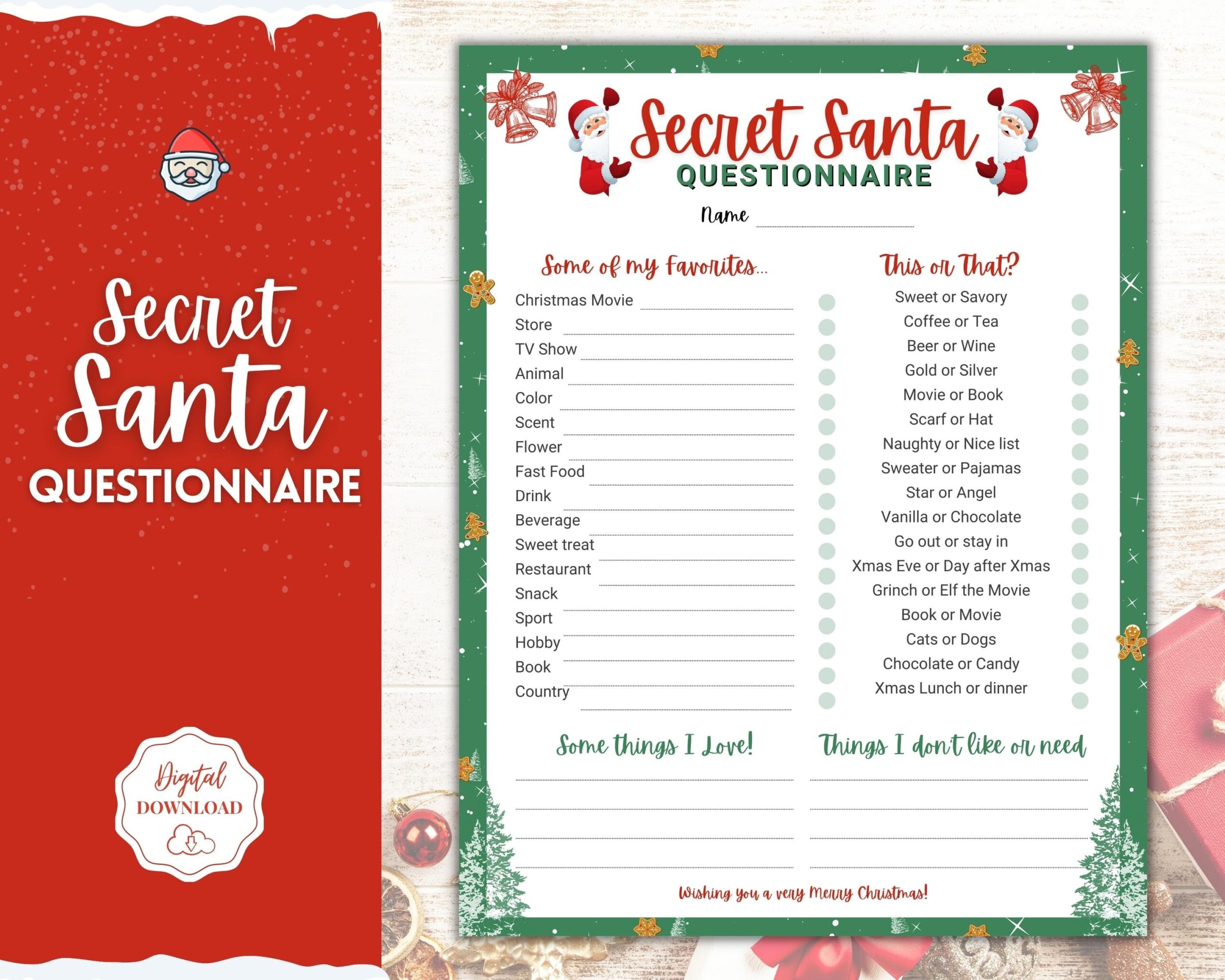 Printable Secret Santa Questionnaire Holiday Gift Exchange Form Work Or Personal Christmas Wish List Kids Adults Gift List Xmas Party Etsy