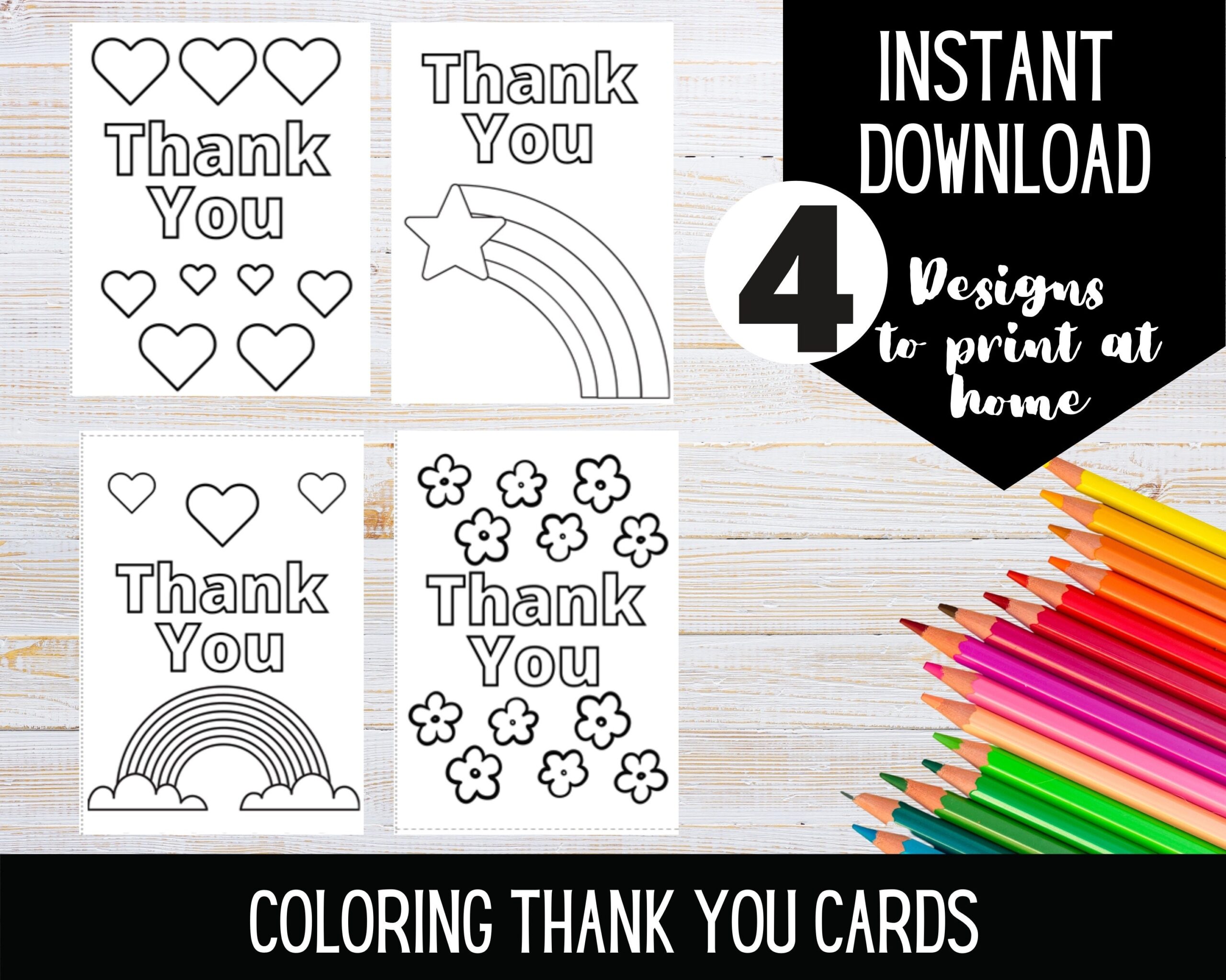 PRINTABLE Thank You Coloring Cards Color Your Own Thank You Card DIGITAL DOWNLOAD Coloring Activity For Kids Print At Home Cards Etsy
