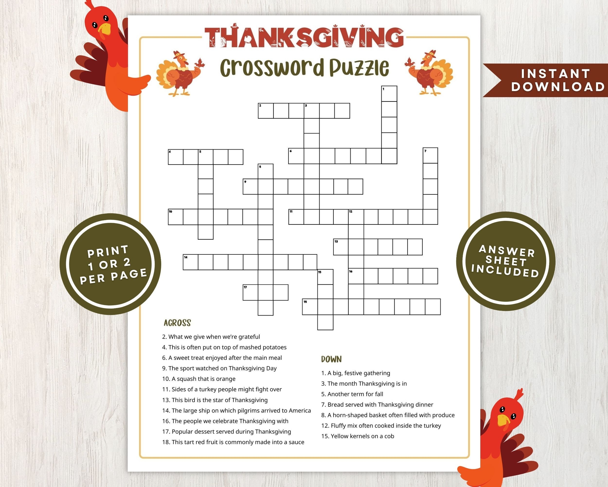 free thanksgiving crossword puzzles printable