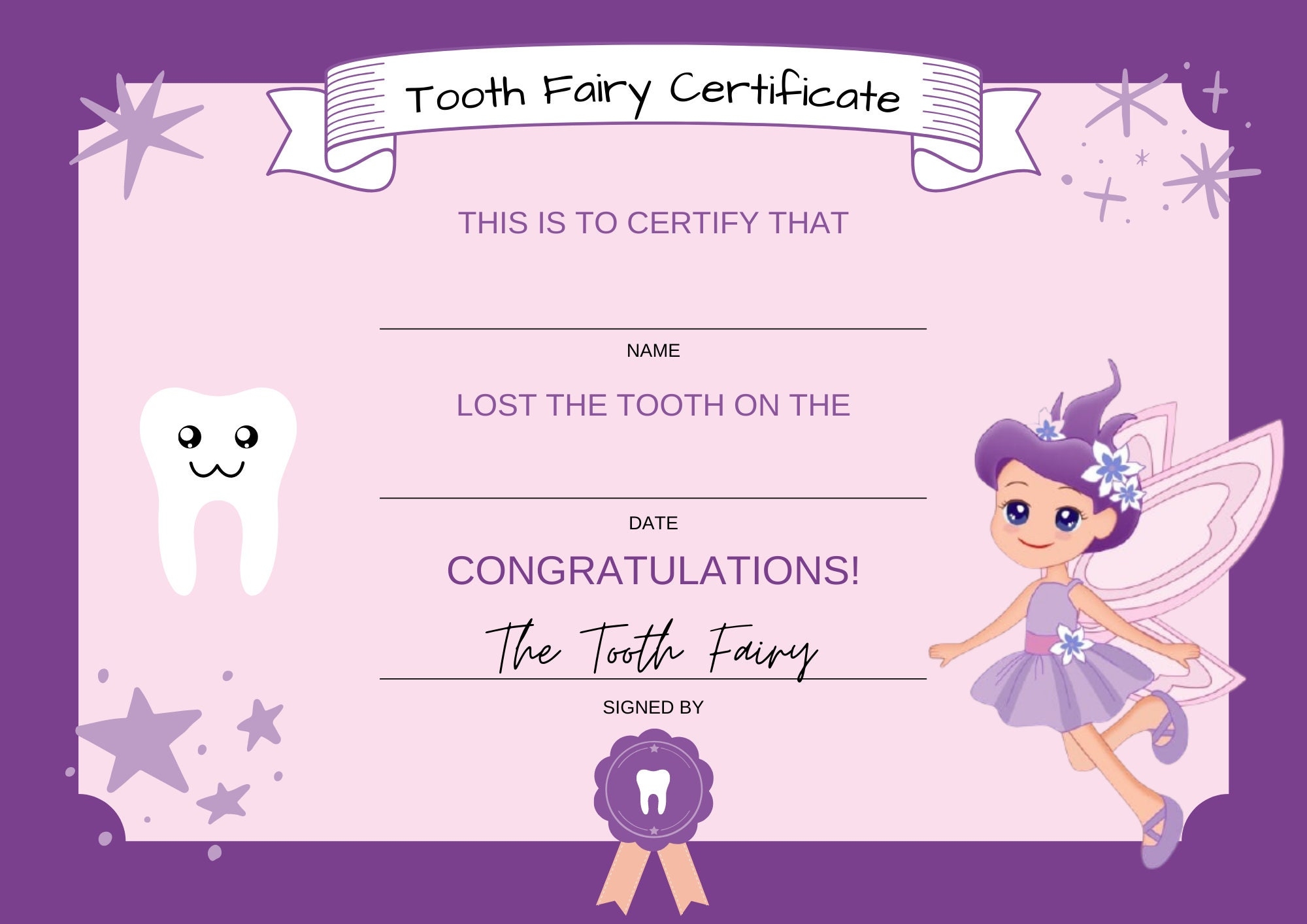Printable Tooth Fairy Certificate Etsy Printable Tooth Fairy Certificate Etsy