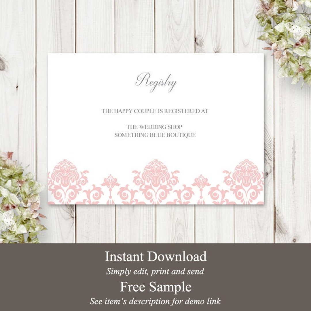 Printable Wedding Registry Card Floral Damask Rose Quartz Pink Enclosure Card Template Fully Editable Insert Templett Instant Download Etsy