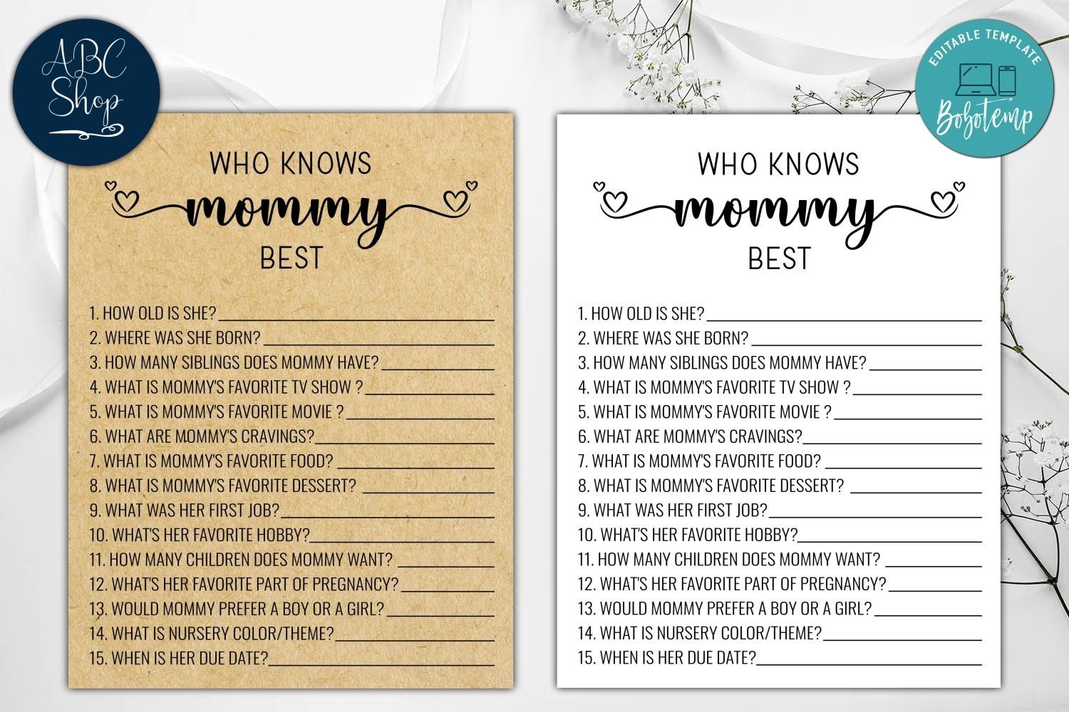 Printable Who Knows Mommy Best Baby Shower Game Instant Download Bobotemp