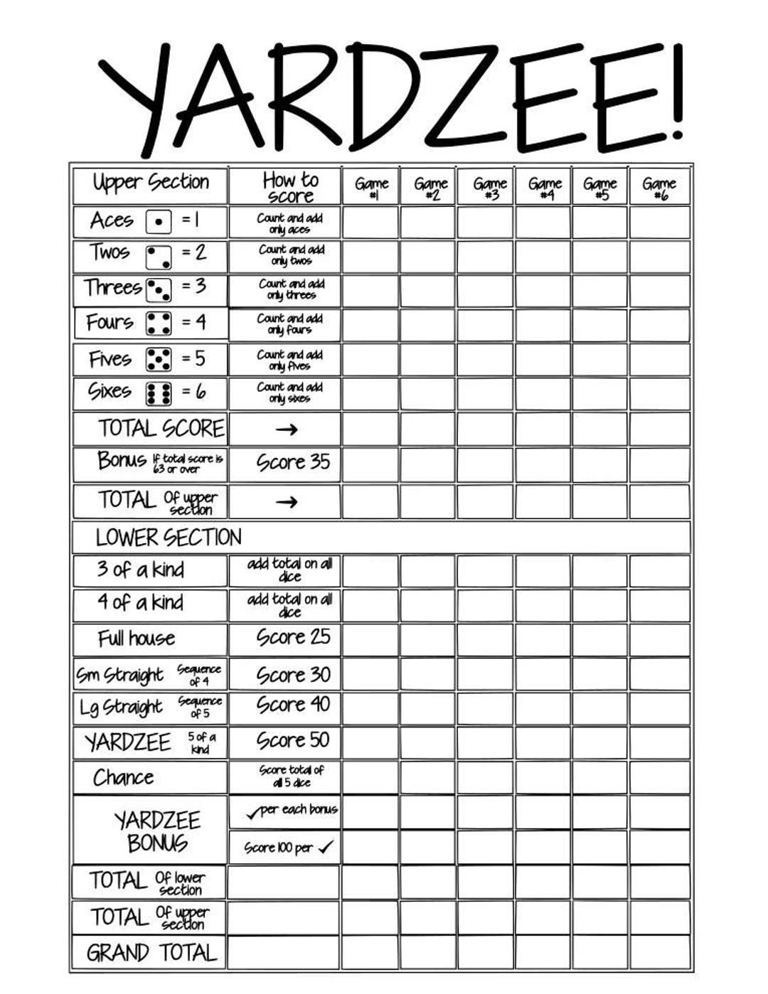 yardzee score card printable free