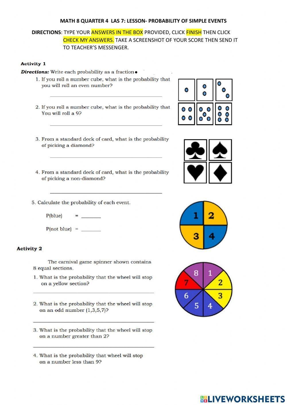 Probability Of Simple Events Chapter 9 Lesson 1 Math 7 Worksheets Library