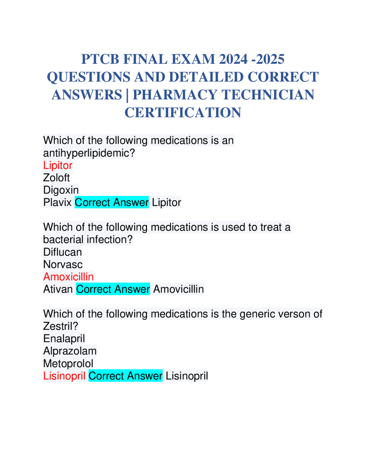 PTCB FINAL EXAM 2024 2025 QUESTIONS AND DETAILED CORRECT ANSWERS PHARMACY TECHNICIAN Exams Pharmacy Docsity