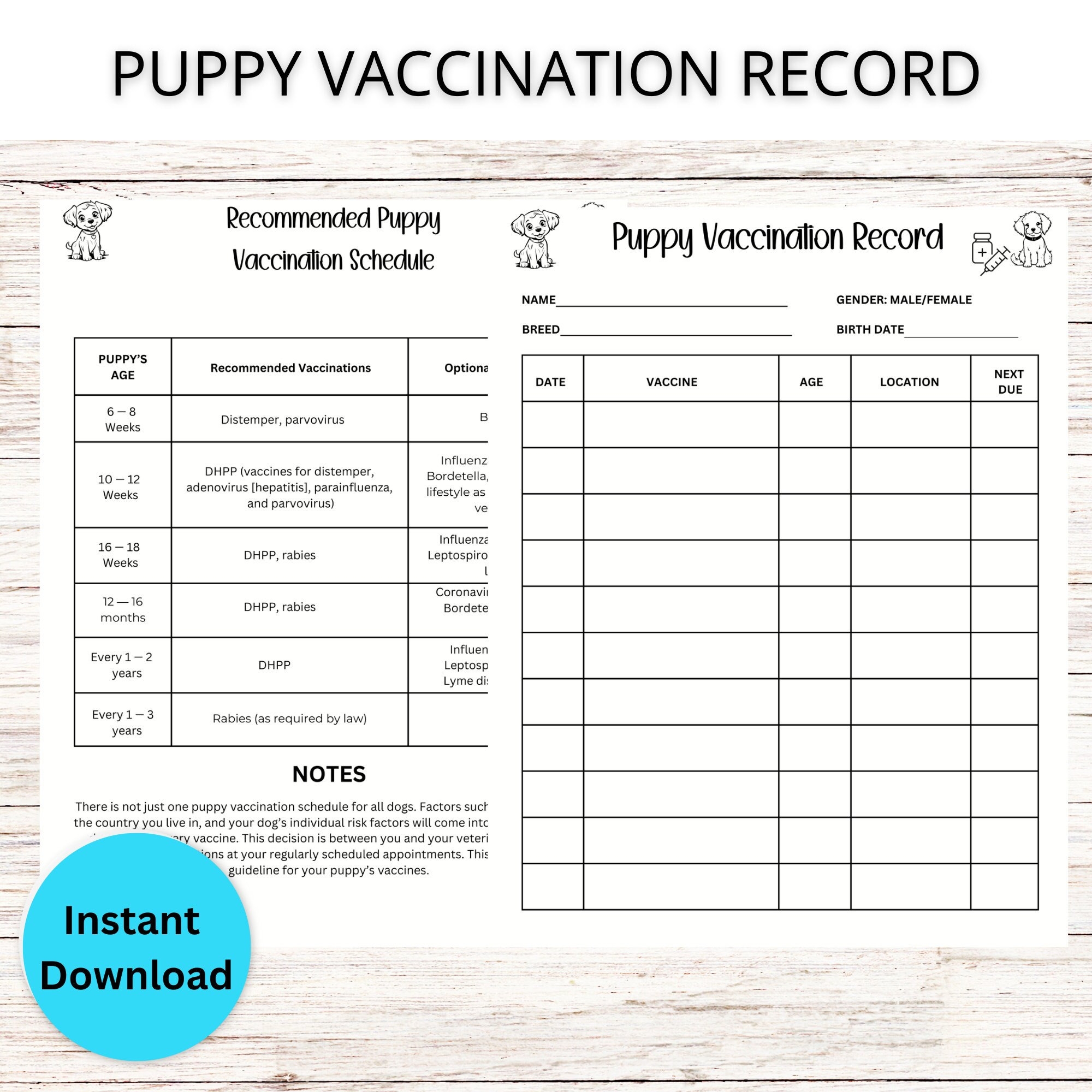 Puppy Vaccination Record AKC Shot Schedule PDF Etsy