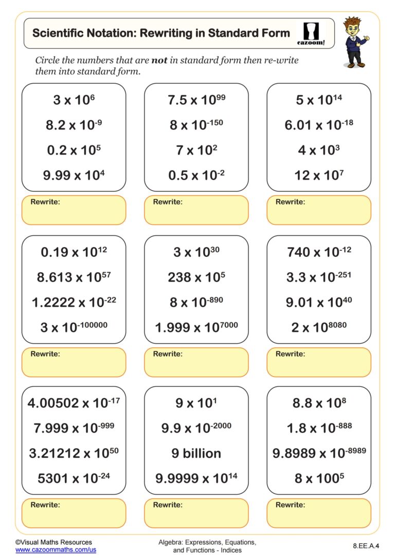 Scientific Notation Rewriting In Standard Form Worksheet PDF Printable Algebra Worksheet Cazoom Math