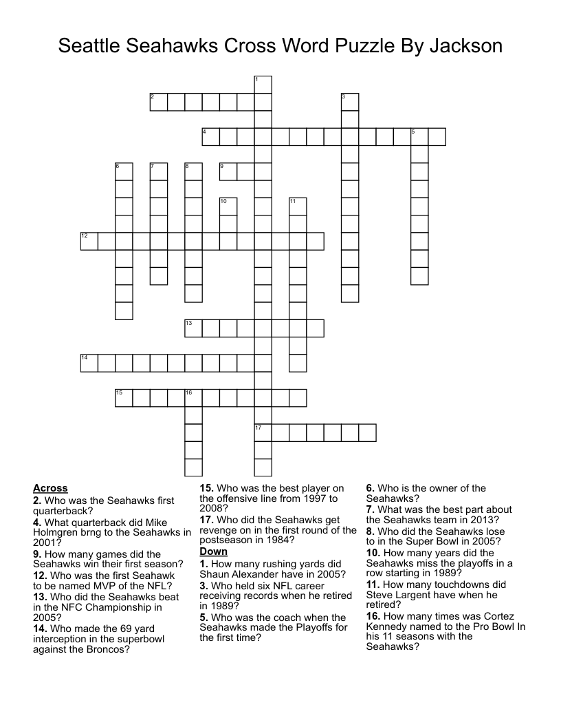Seattle Seahawks Cross Word Puzzle By Jackson WordMint
