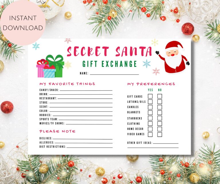 Secret Santa Questionnaire Printable Secret Santa Form Secret Santa For Work Secret Santa Printable Secret Santa Wish List Instant Download Etsy