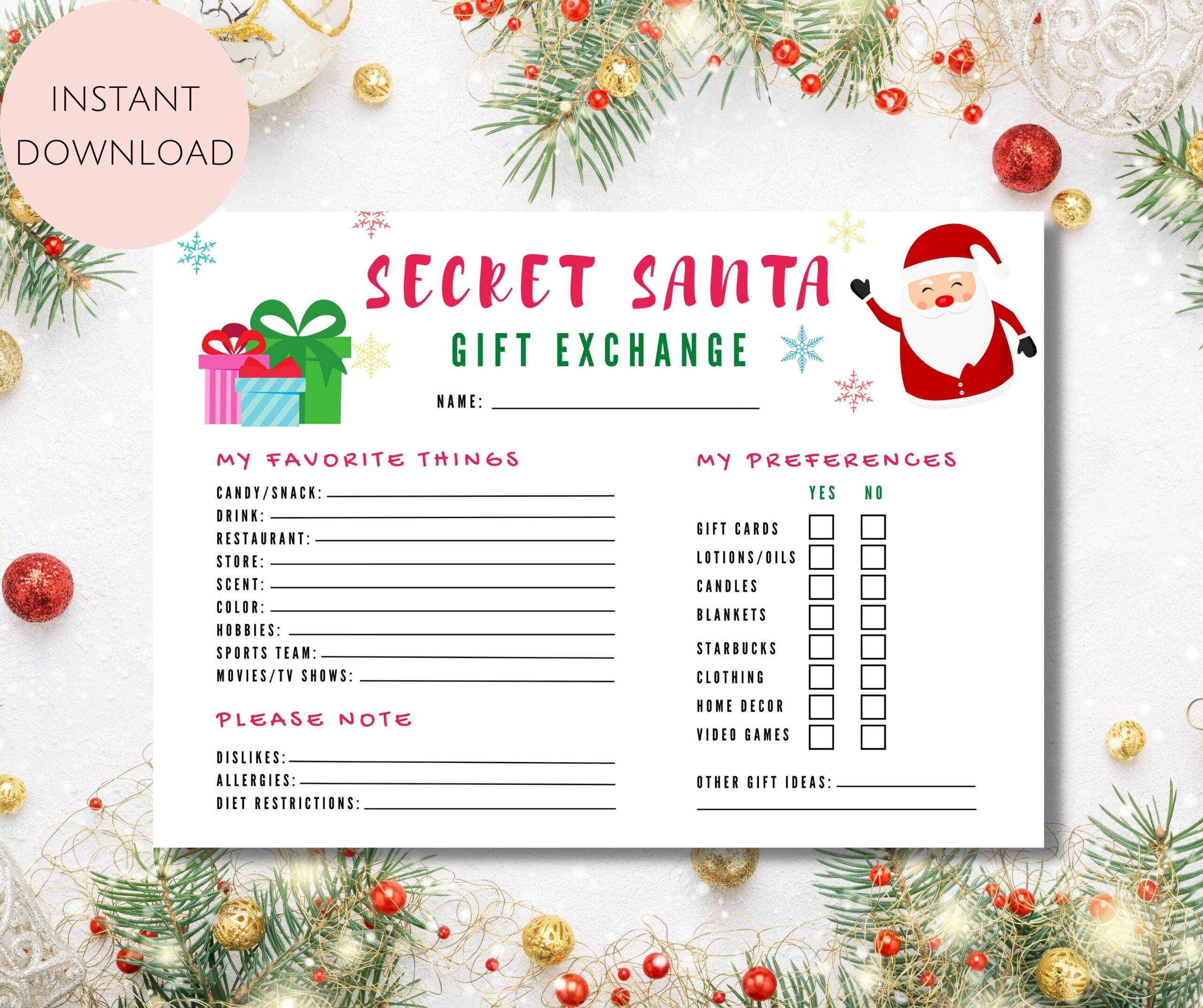 Secret Santa Questionnaire Printable Secret Santa Form Secret Santa For Work Secret Santa Printable Secret Santa Wish List Instant Download Etsy