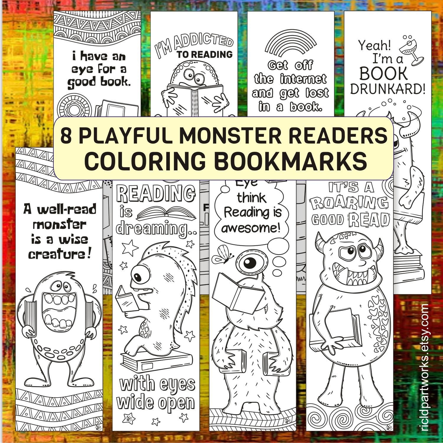 Set Of 8 Playful Monster themed Bookmarks For Kids And Teens Printable Colorable Lovable Alien Readers With Motivating Bookish Messages Etsy Norway