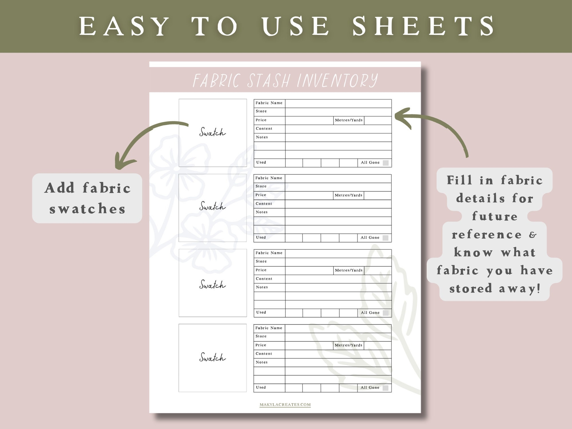 Sewing Fabric Stash Inventory PDF Printable Sheet A4 Letter Size Etsy