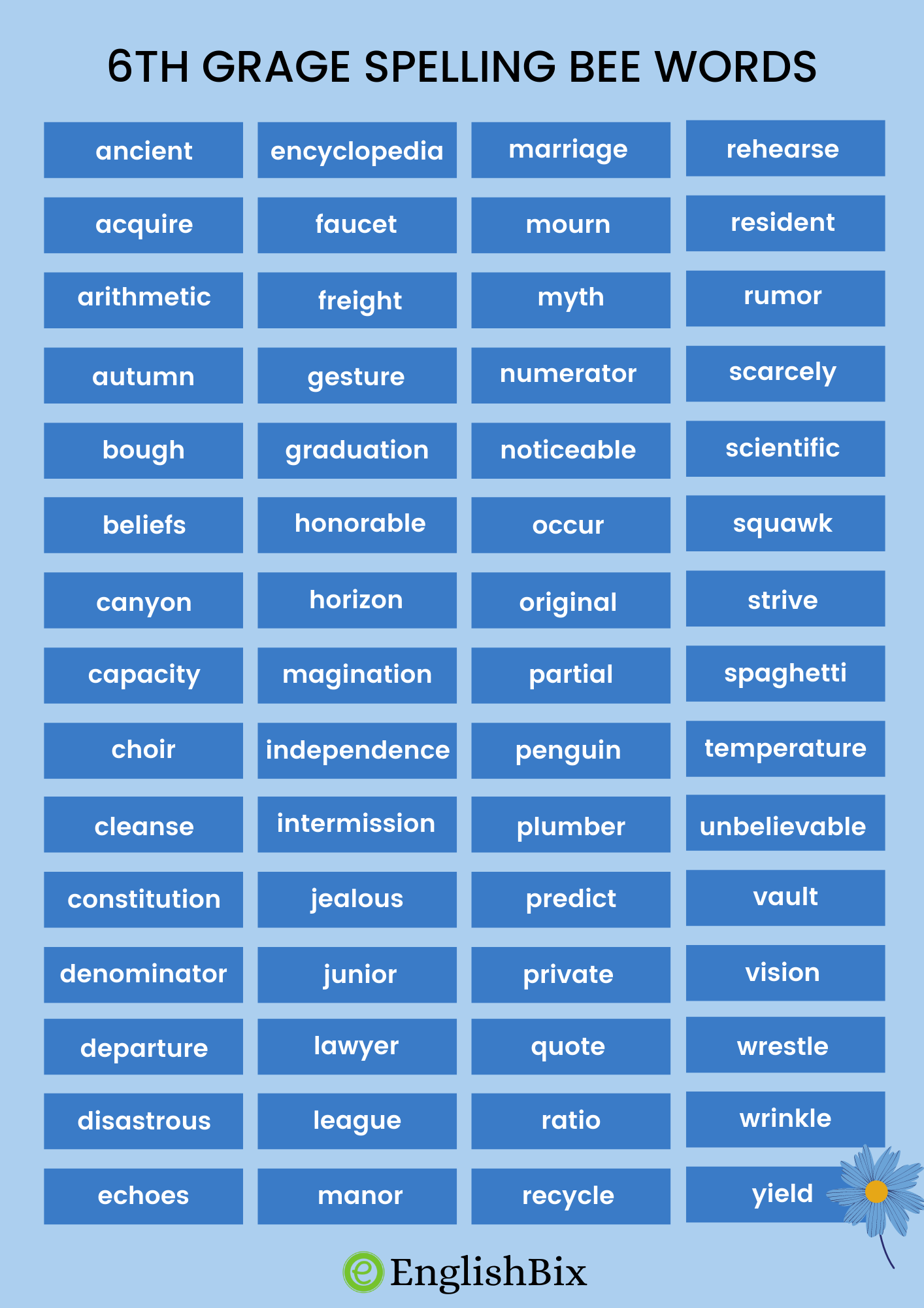 Sixth 6th Grade Spelling Bee Words List EnglishBix