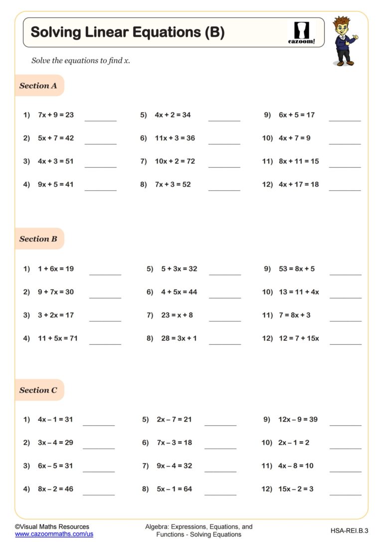 Solving Linear Equations B Worksheet PDF Printable Algebra Worksheet Cazoom Math