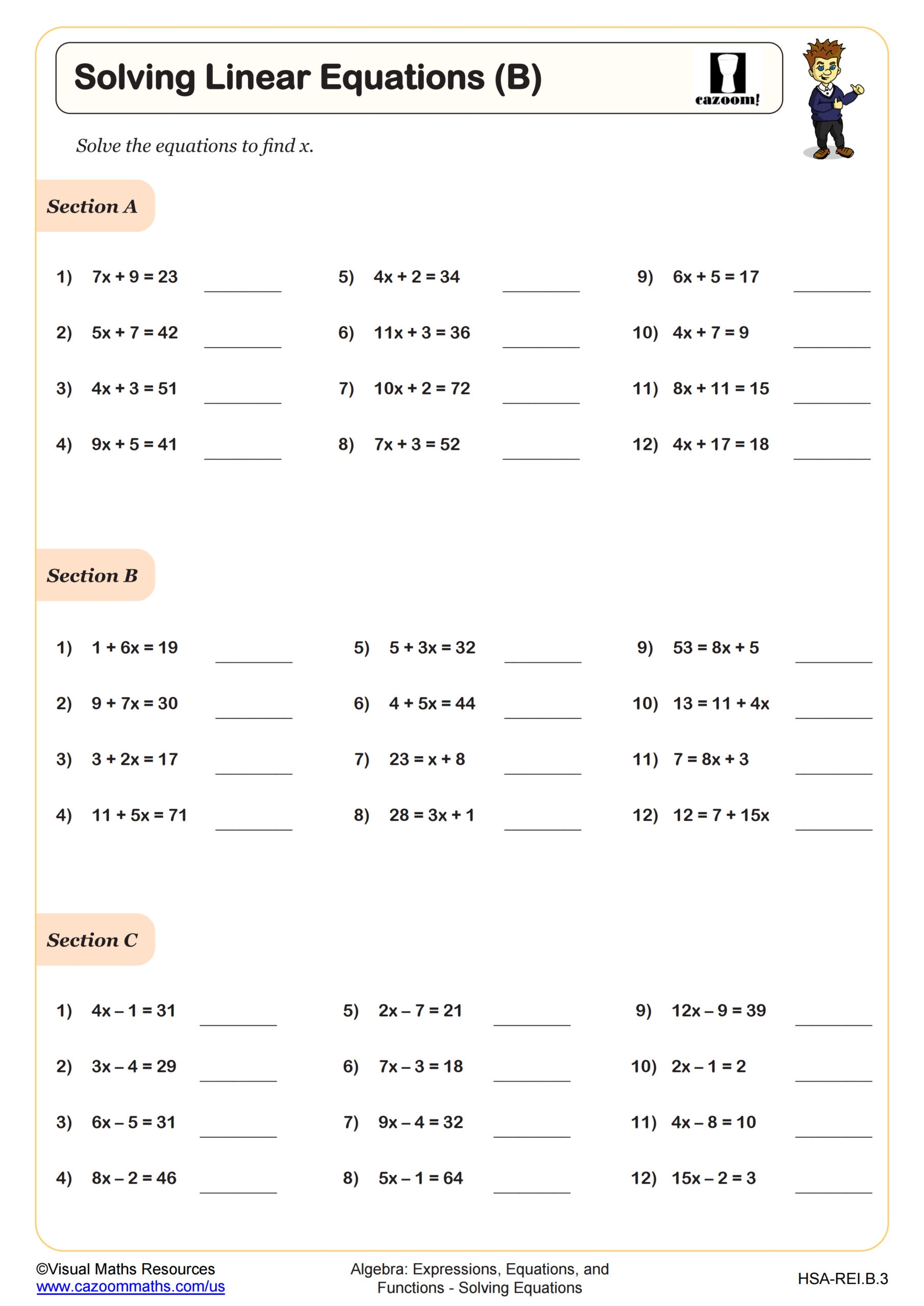 Solving Linear Equations B Worksheet PDF Printable Algebra Worksheet Cazoom Math