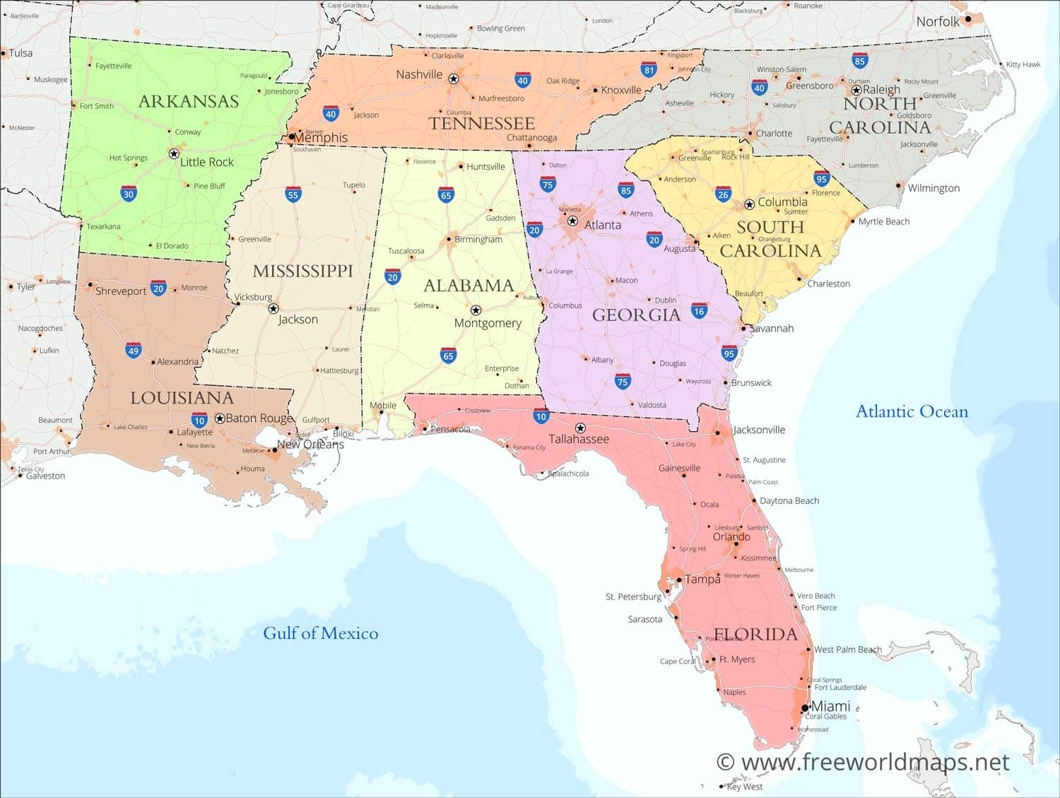 Southeastern US Political Map By Freeworldmaps