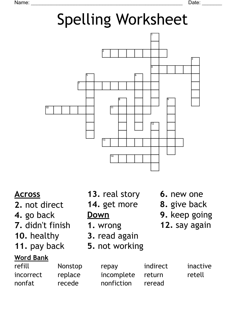 Spelling Worksheet Crossword WordMint