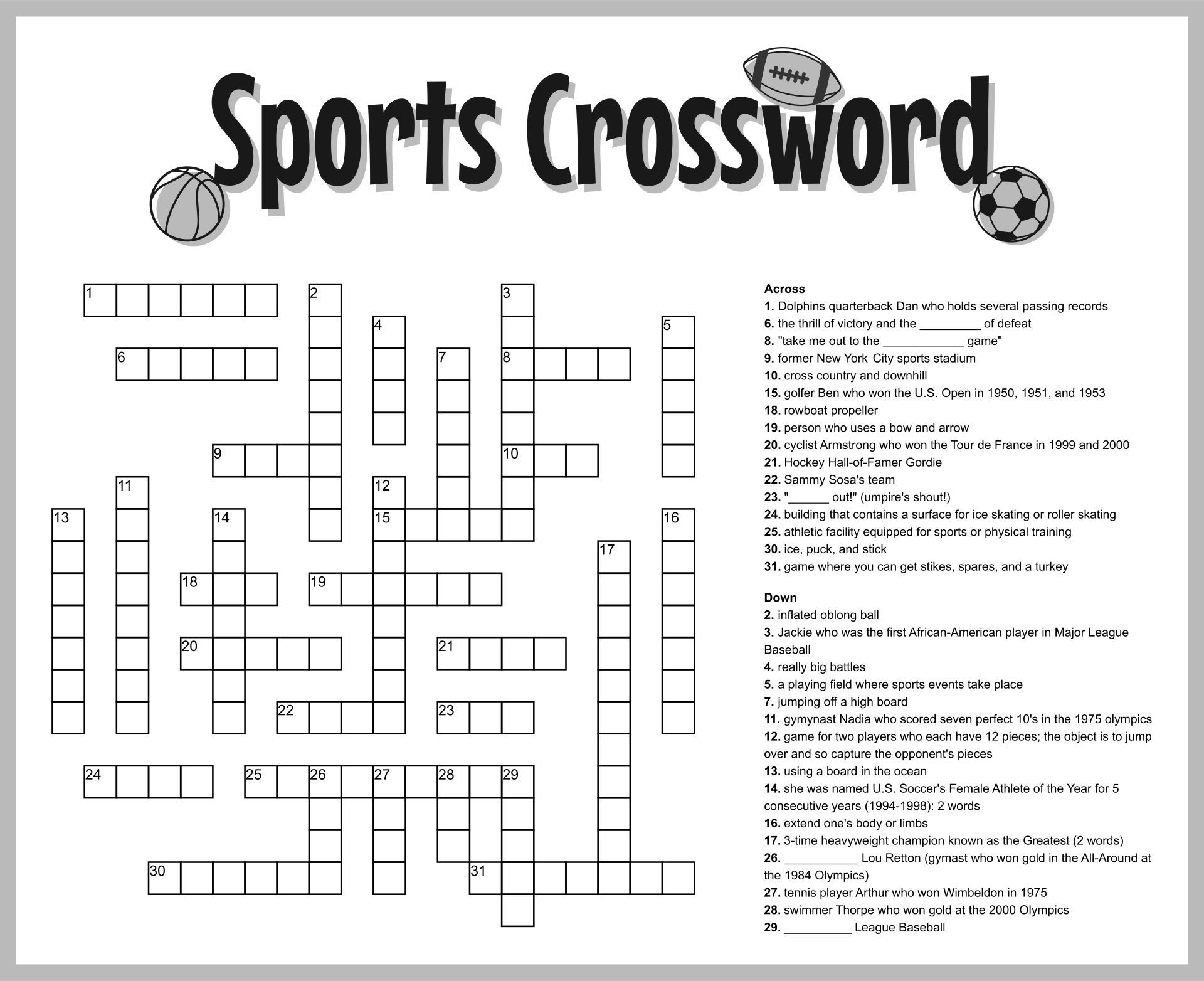 sports crosswords printable