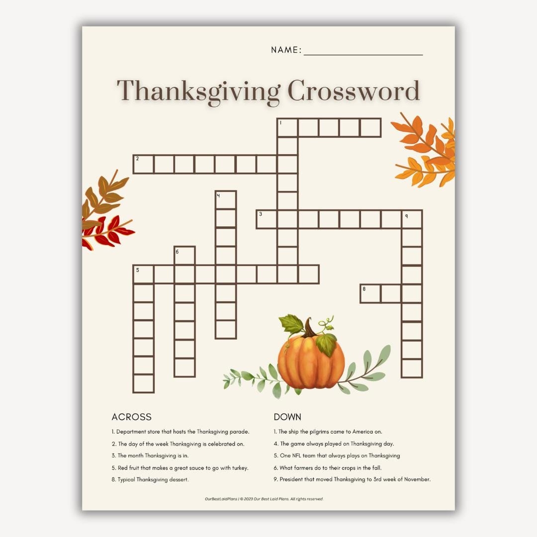 thanksgiving day crossword printables