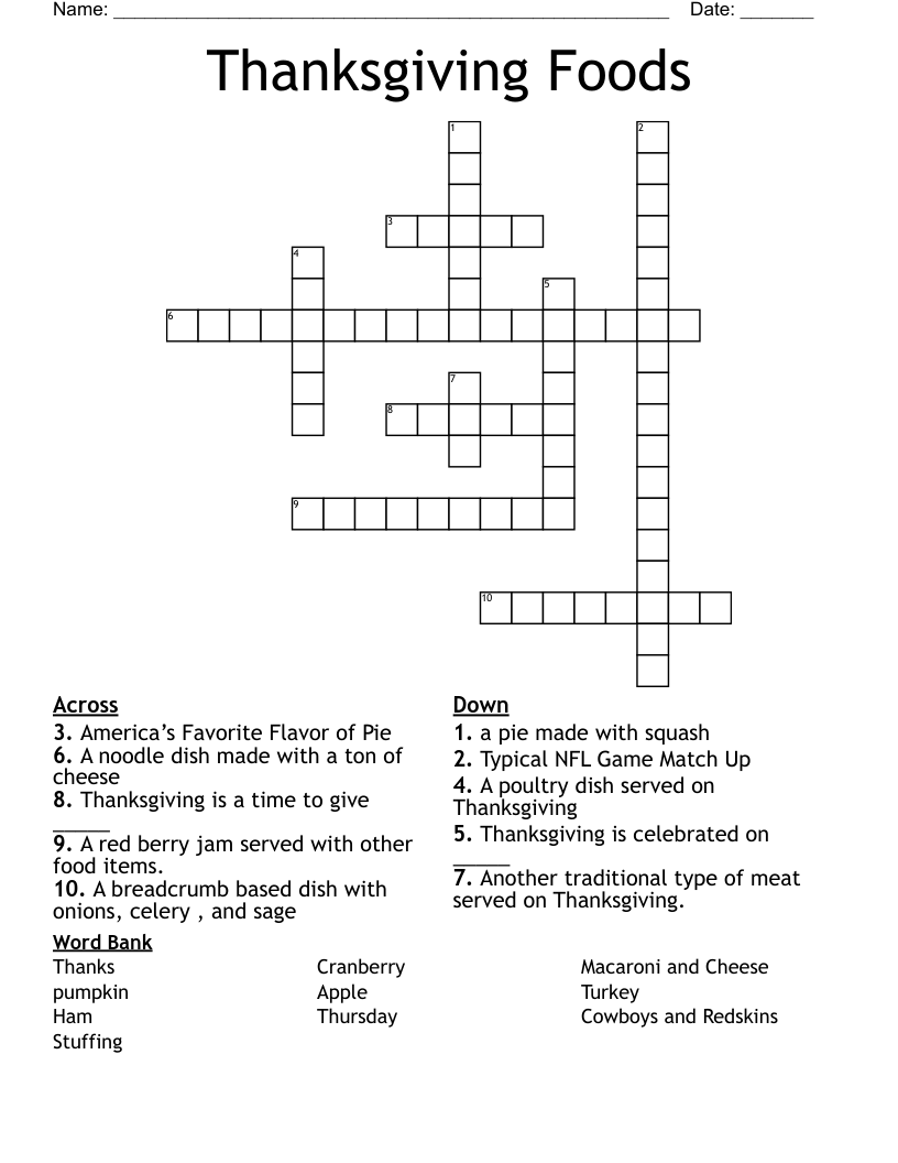 Thanksgiving Foods Crossword WordMint
