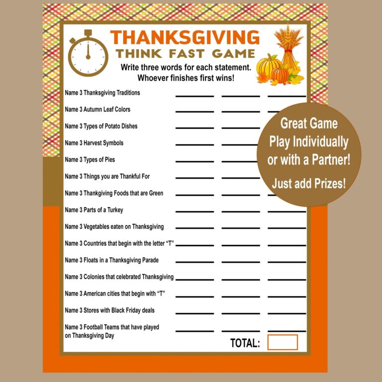 Thanksgiving Trivia Game Think Fast Game Thanksgiving Printable Games Fun Friendsgiving Game Zoom Game Family Game Instant Download Etsy