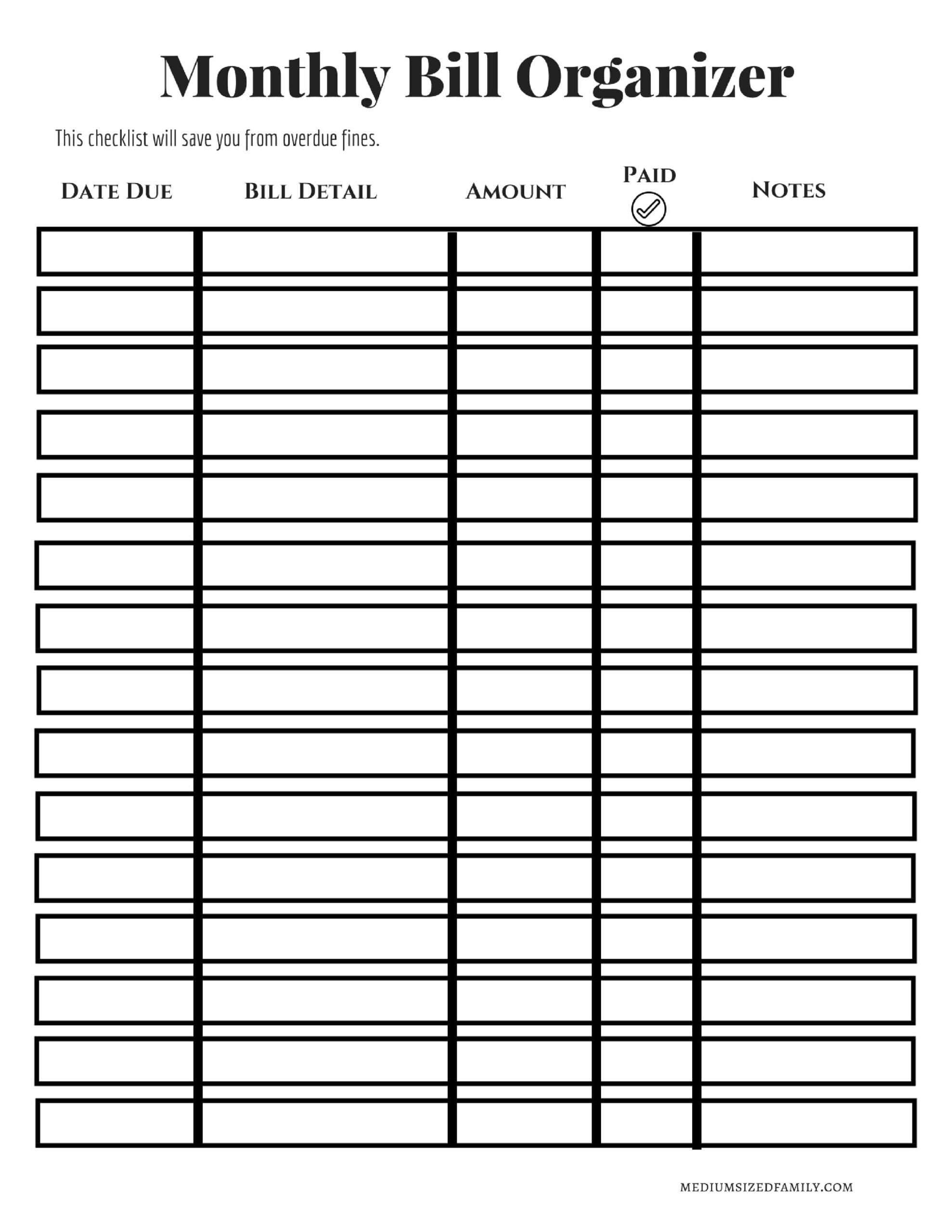 free printable bill organizer