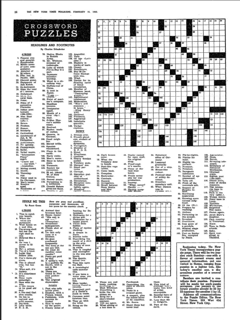The New York Times Archives On X The First New York Times Crossword Puzzle Appeared In The Sunday Paper On Feb 15 1942 Https t co w2kfaZjKgQ Https t co UrodRxCeHL X