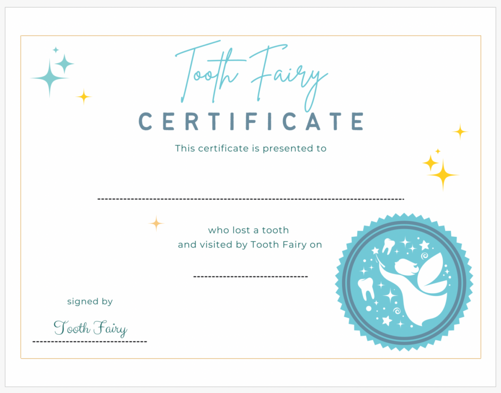 Tooth Fairy Certificate Lakes Area Pediatric Dentistry Michael Steinmetz