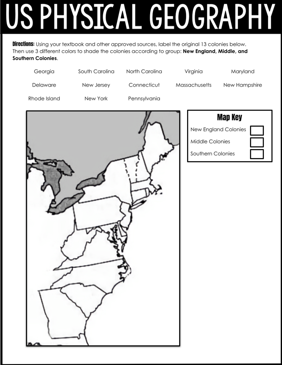 US Physical Geography 13 Colonies Map FREE Amped Up Learning Worksheets Library US Physical Geography 13 Colonies Map FREE Amped Up Learning Worksheets Library