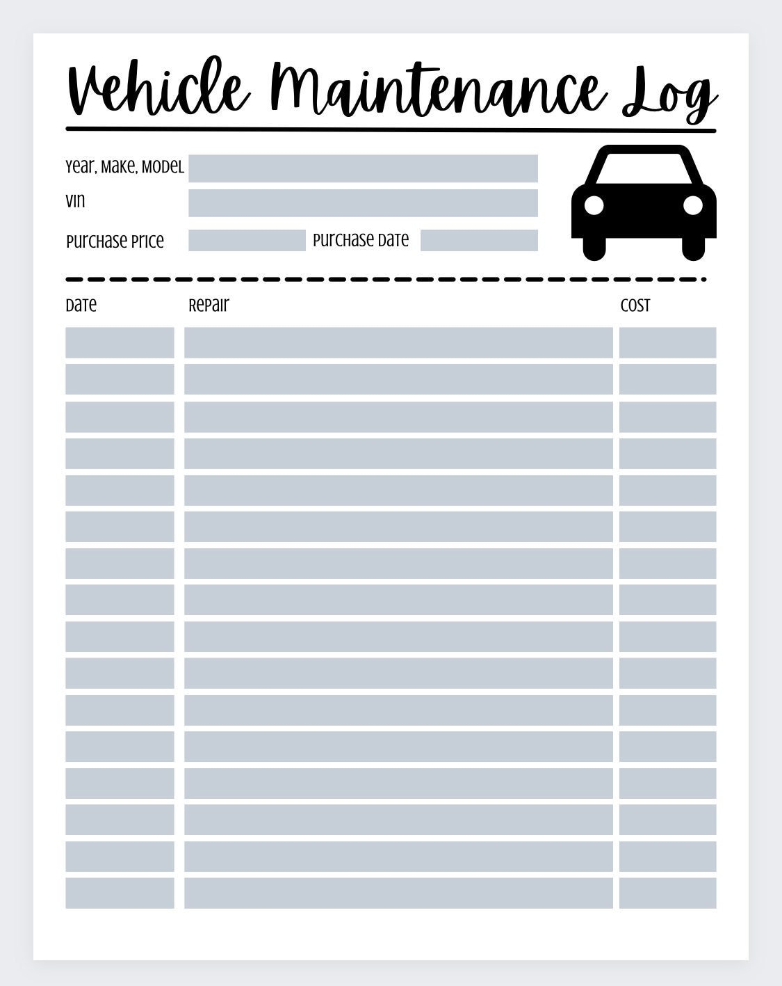 Printable Vehicle Maintenance Log - Mom Printable