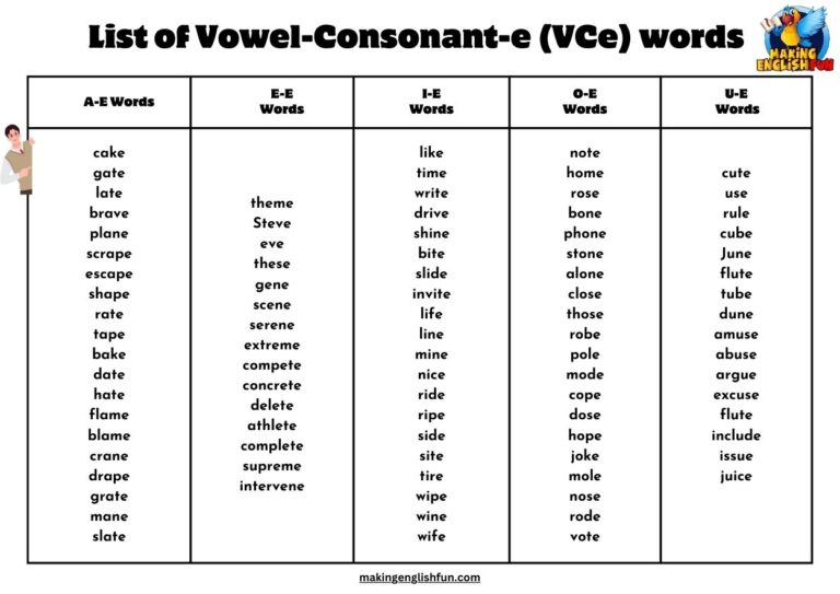 Vowel Consonant e VCe Word Lists And SyllablesMaking English Fun