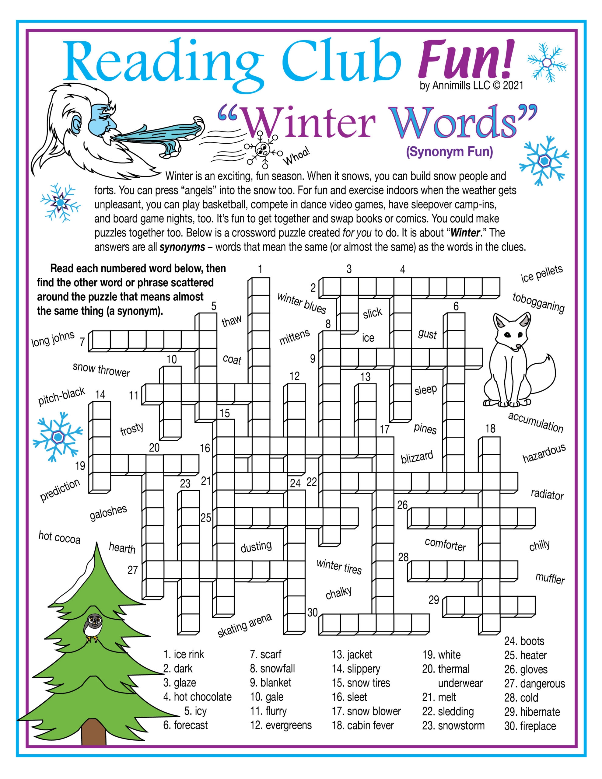 Winter Vocabulary Synonyms Printable Crossword Puzzle Word Search Made By Teachers