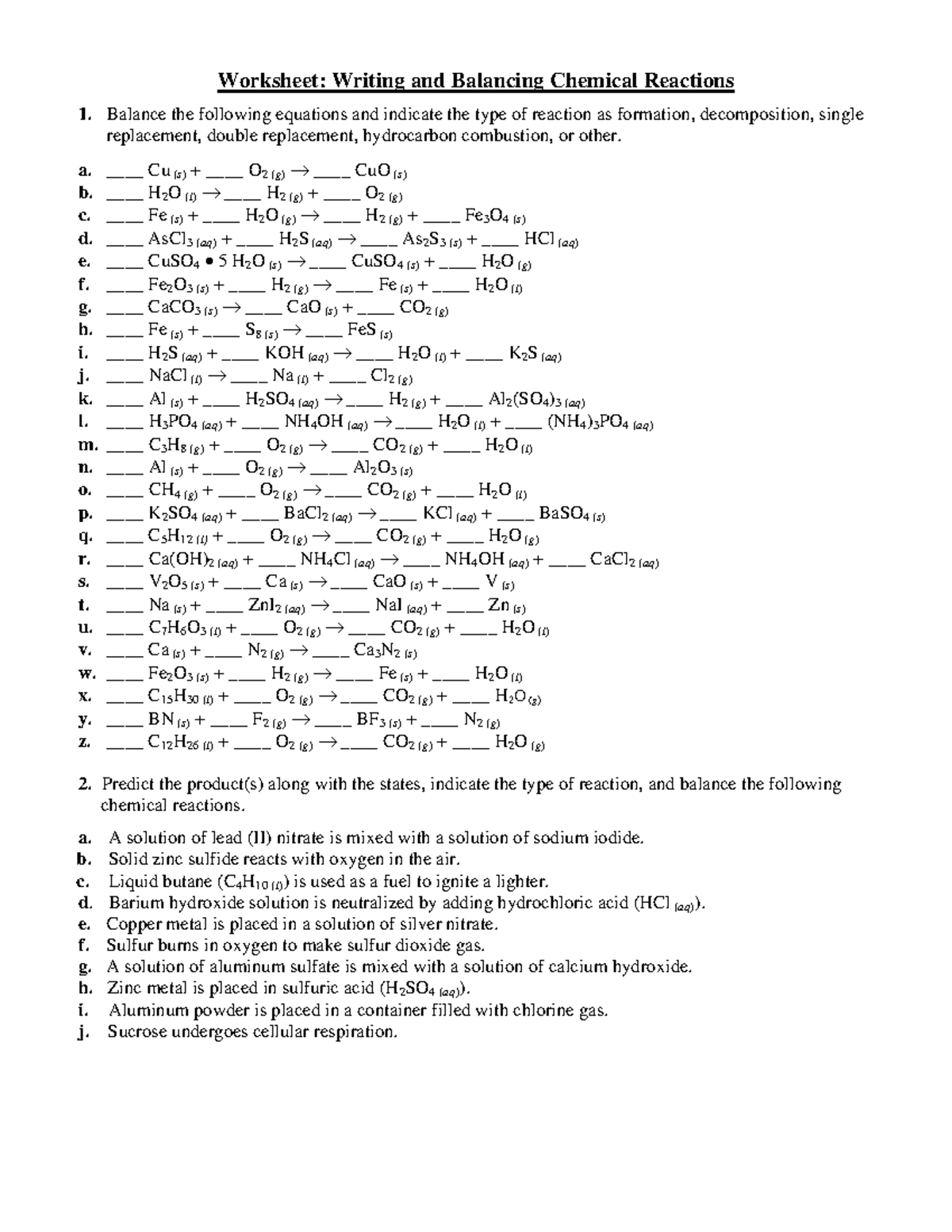 Worksheet Balancing Chemical Equations With Type Of Reaction Worksheet Writing And Balancing Studocu